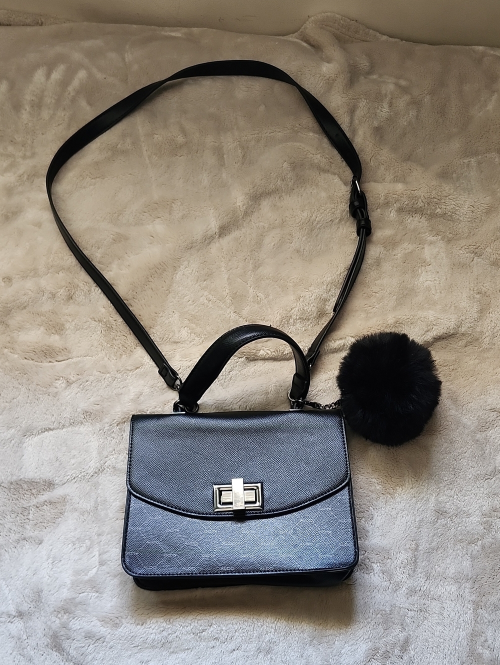 Aldo Black Structured Crossbody Bag with Pom Pom Charm